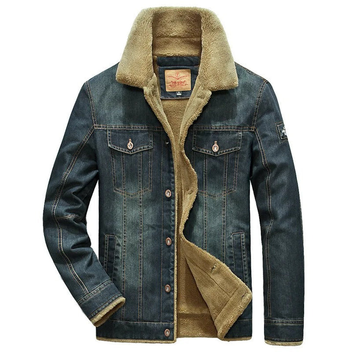 Veste en jean homme bleue chaude pour l'hiver, style décontracté et résistant. Parfaite pour une tenue quotidienne.