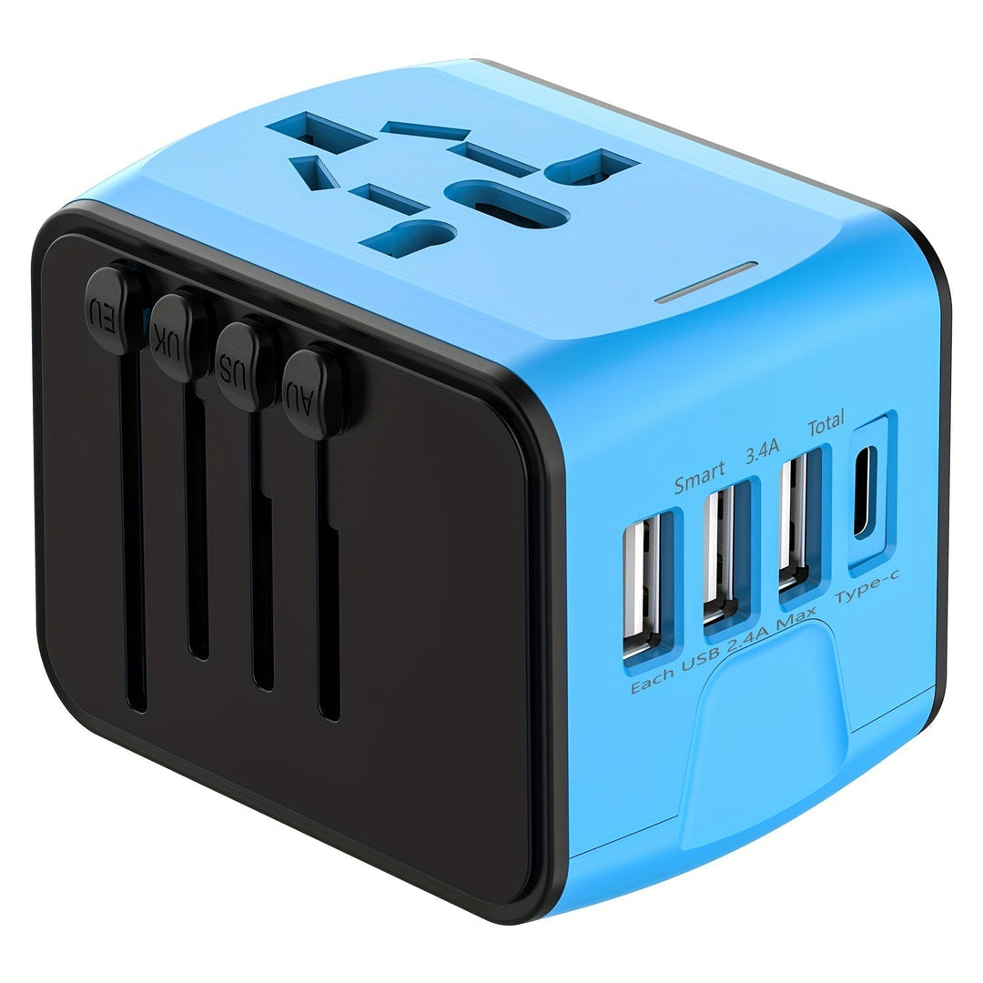 Adaptateur de voyage universel avec charge rapide, 4 ports USB et 1 Type-C pour le monde.