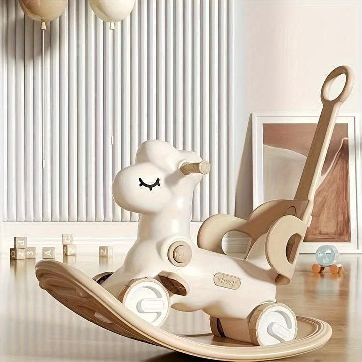Cheval à bascule et vélo d'équilibre 2-en-1 pour enfant, développe la motricité et l'équilibre.