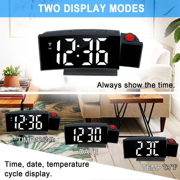 Horloge réveil projecteur numérique LED polyvalent. Luminosité ajustable et alimenté par USB.