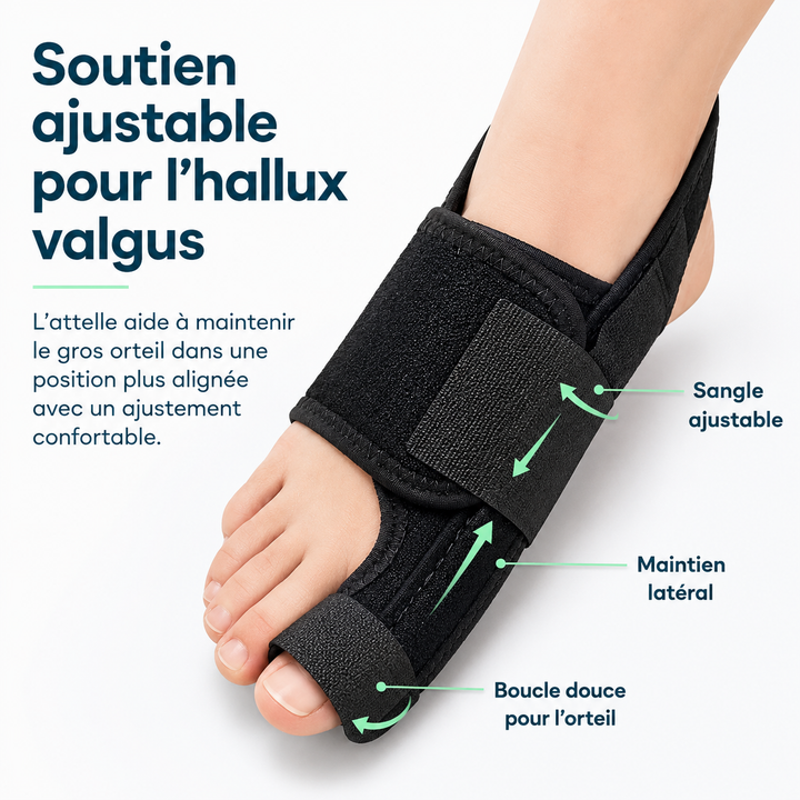 Attelle de nuit souple Hallux Valgus, conçue pour un confort maximal et un repos sans douleur du pied et de l'orteil.