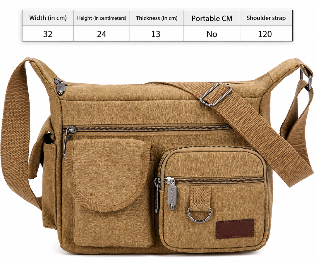 Vue d'un sac messenger vintage unisexe en toile beige, montrant les détails et la capacité de rangement interne.