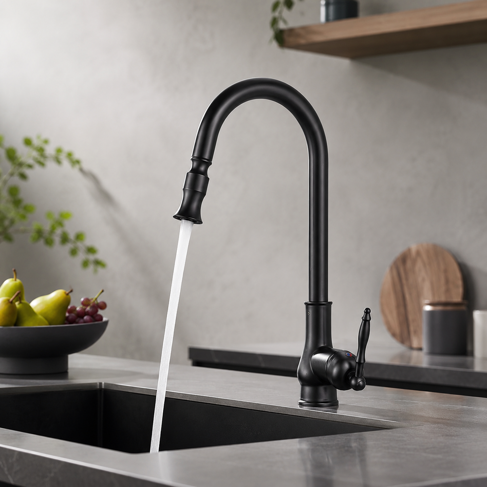 Mitigeur de cuisine noir mat moderne avec douchette rétractable, design élégant pour un évier contemporain.