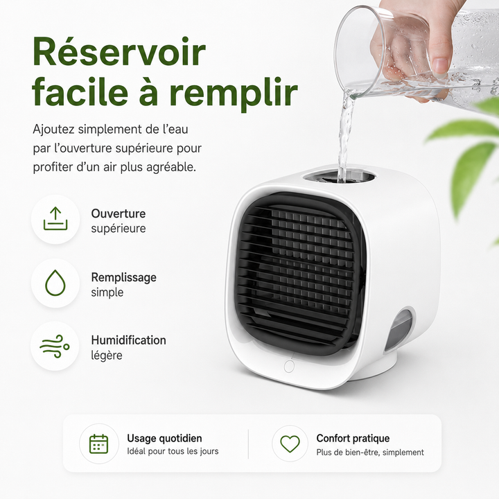 Mini rafraîchisseur d'air rechargeable, essentiel pour combattre la chaleur de l'été.