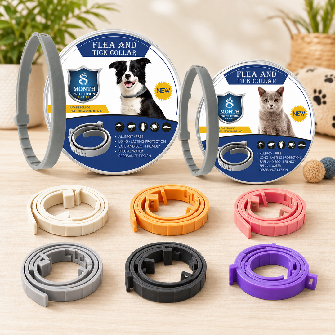Collier anti-puces et tiques ajustable pour chien et chat, offrant 8 mois de protection durable contre les parasites.