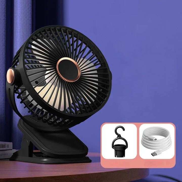 Ventilateur portable à clip alimenté par USB. 5 vitesses, silencieux, pour une ventilation pratique au bureau ou maison.