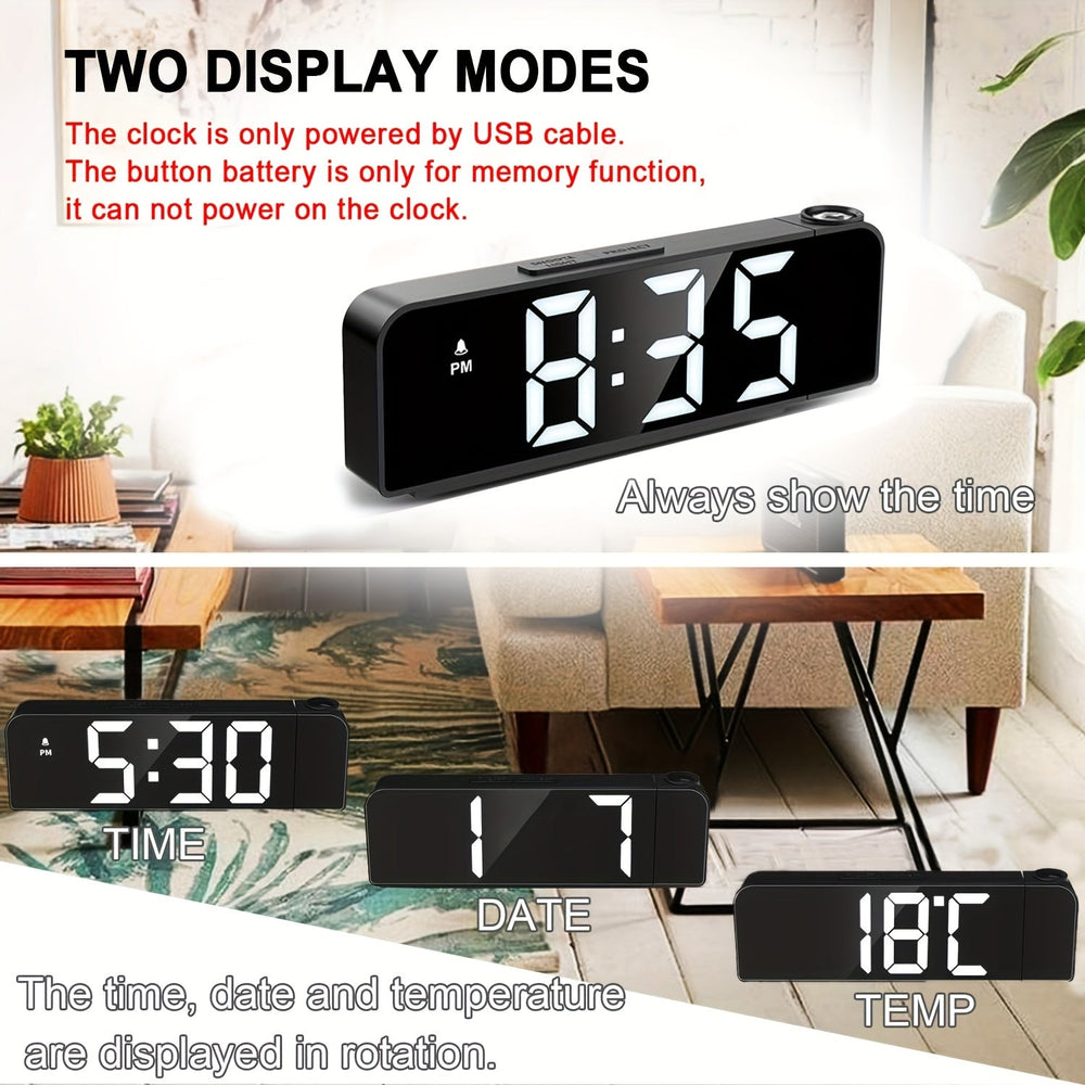 Horloge de chevet LED avec projection murale de l'heure et affichage température USB.