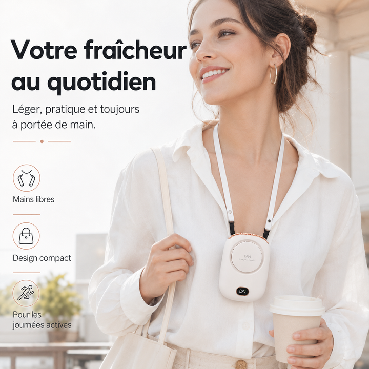 Ventilateur cou rechargeable léger et silencieux, parfait pour le sport, le bureau ou les voyages.