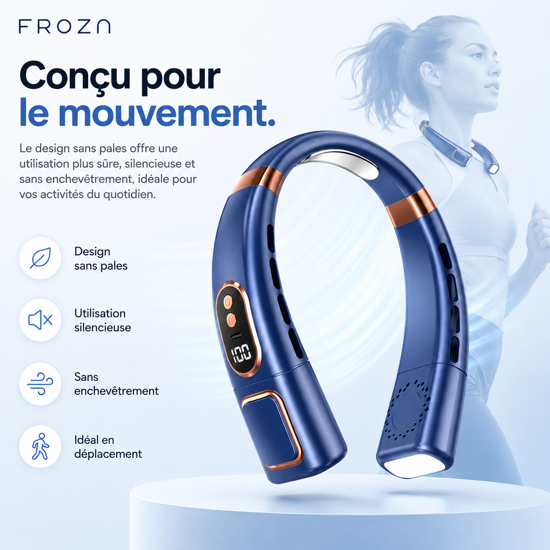 Ventilateur 360° pour le cou, rechargeable USB, essentiel pour l'été et activités.