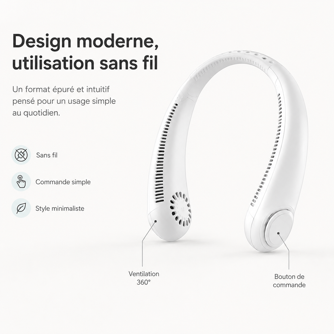 Ventilateur de cou mains libres, compact et efficace pour une utilisation au sport ou en voyage.