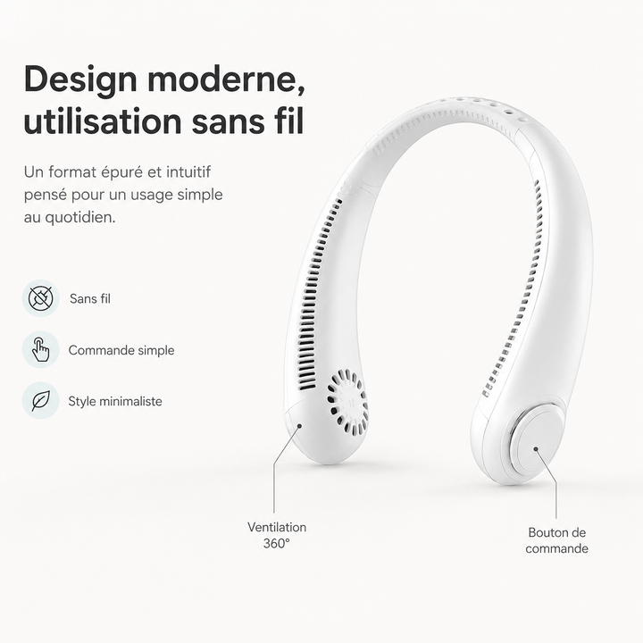 Ventilateur de cou mains libres, compact et efficace pour une utilisation au sport ou en voyage.