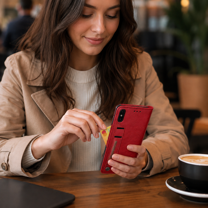 Étui portefeuille en cuir noir pour iPhone, rabat magnétique, emplacements cartes.