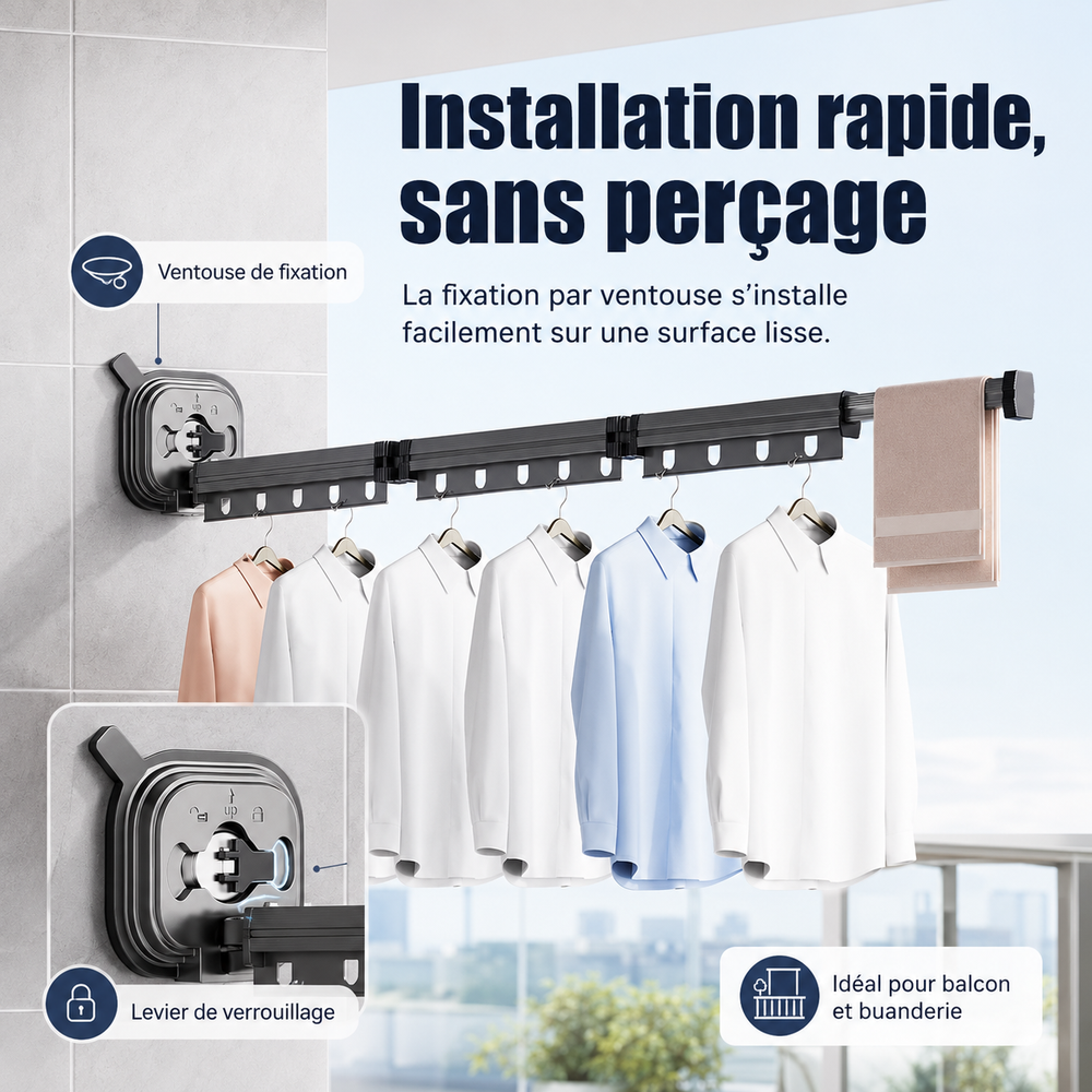 Étendoir à linge mural en aluminium, design compact et extensible pour séchage naturel du linge.