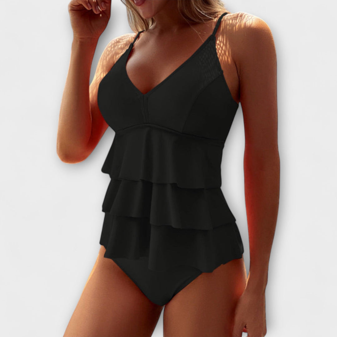 Mode plage: maillot de bain femme 2 pièces taille haute à volants, un choix élégant pour vos vacances.