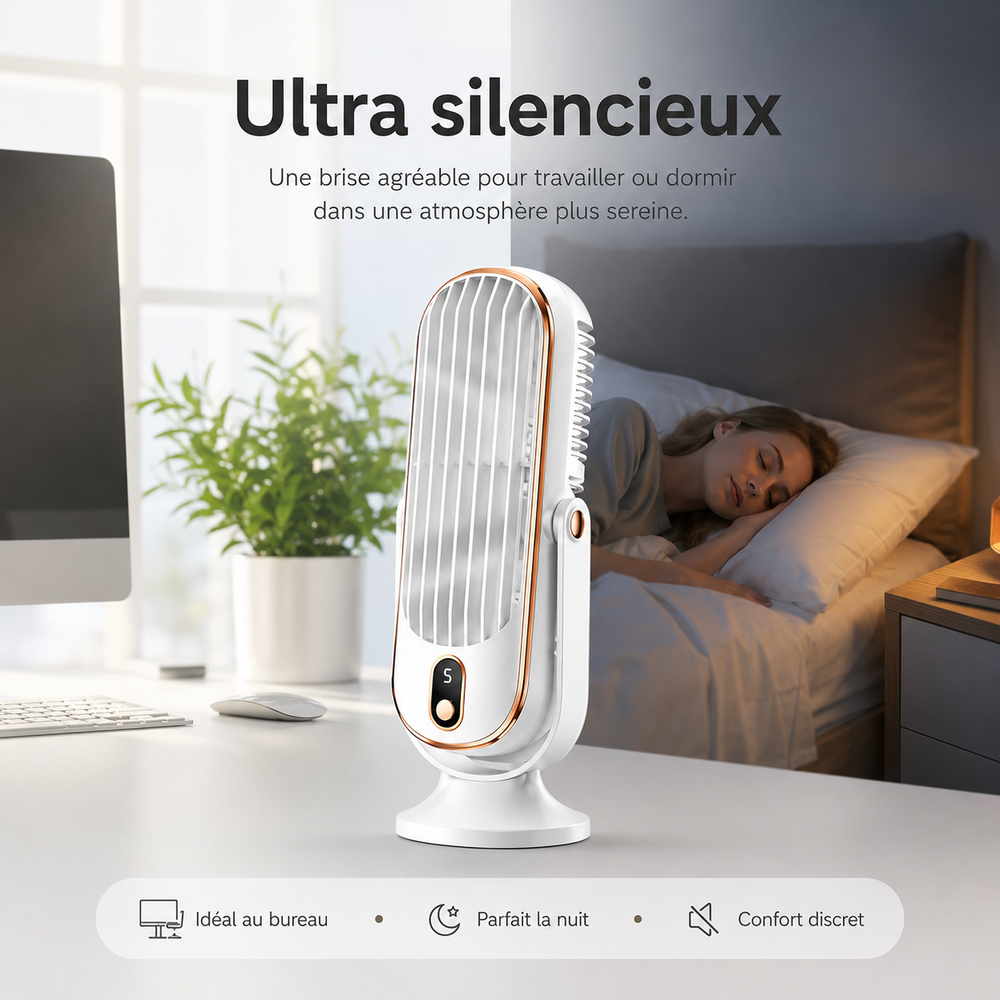 Mini ventilateur USB portable AeroLux, idéal pour bureau, maison ou voyage. Refroidisseur silencieux.