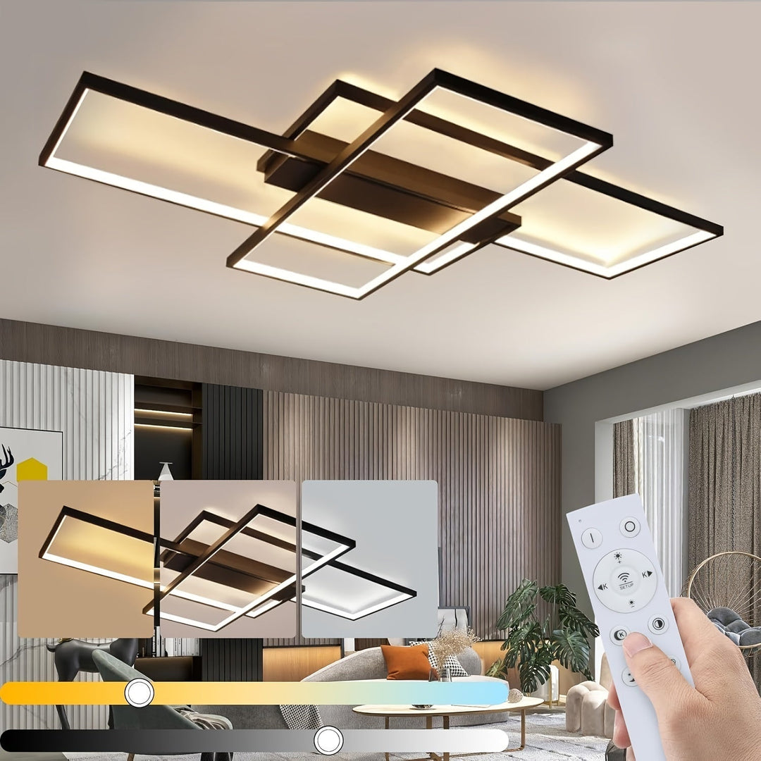 Lampe de plafond LED moderne géométrique, dimmable avec télécommande. Idéale pour salon ou chambre.