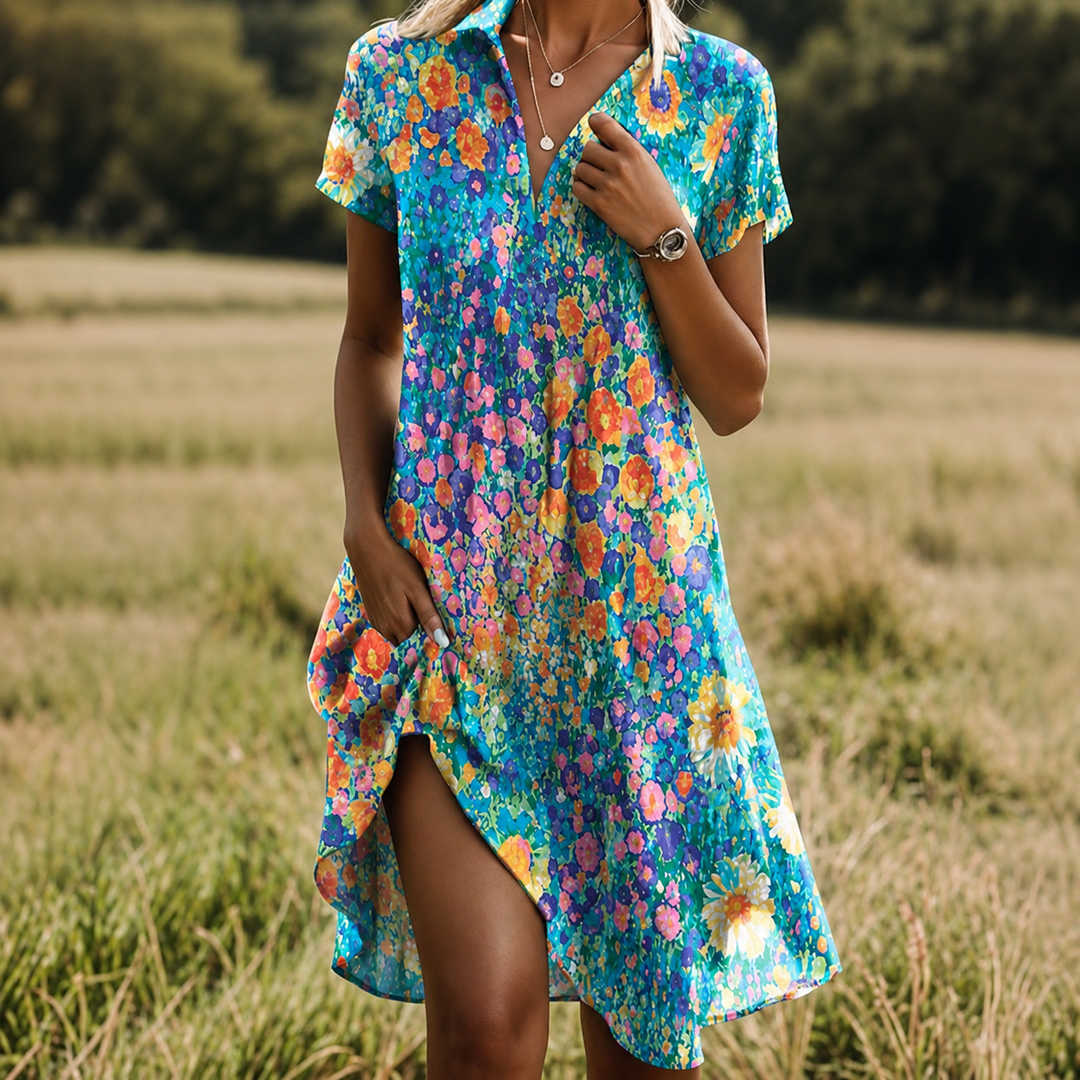 Robe femme d'été légère et fluide à manches courtes, coupe ample pour un confort optimal. Parfaite pour la mode décontractée.