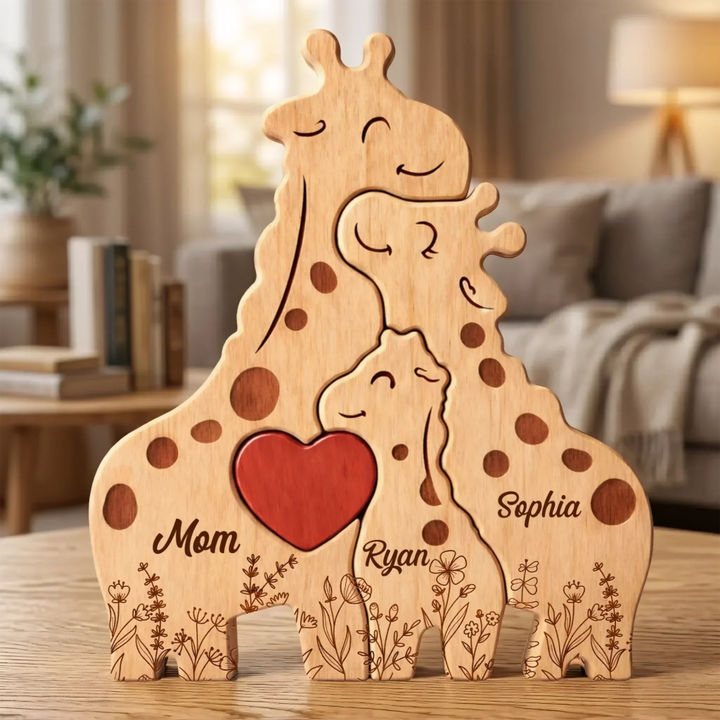 Sculpture familiale girafe en bois, art puzzle symbolisant l'unité et l'amour.