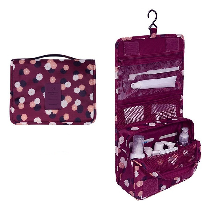 Trousse de beauté de voyage, imperméable, multiples rangements, motif fleurs.