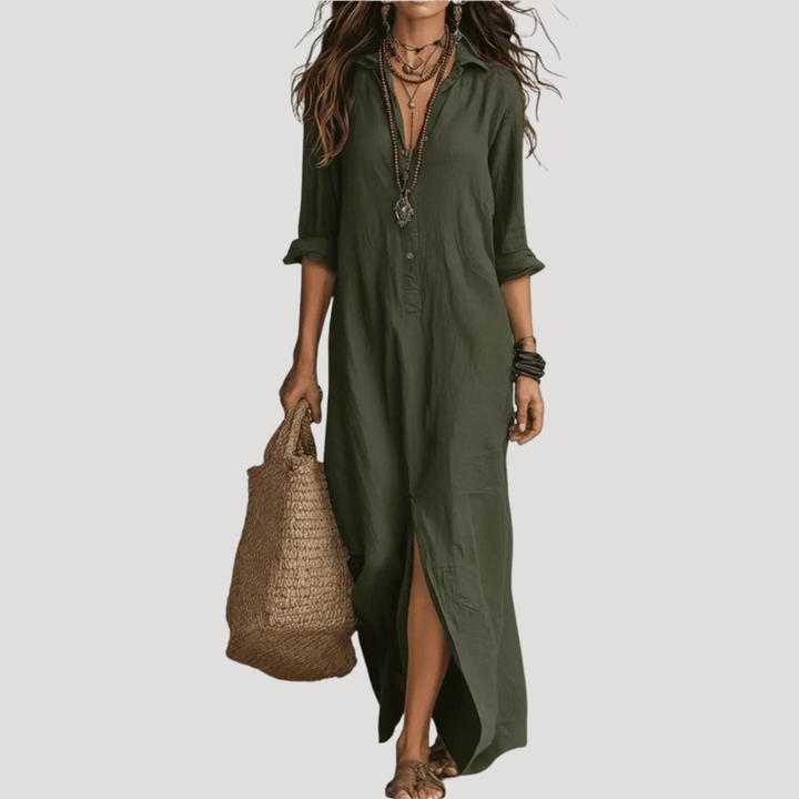 Élégante robe longue femme bohème chic, col V et fente, idéale pour l'été ou le printemps, coupe fluide.