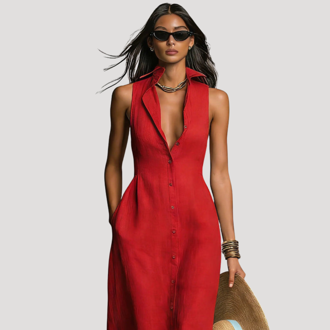 Silhouette cintrée élégante pour cette robe longue boutonnée femme, idéale pour un look estival mode.