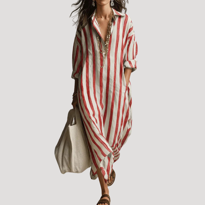 Robe longue rayée fluide pour femme, style chemise élégant printemps/été. Tendance mode femme.
