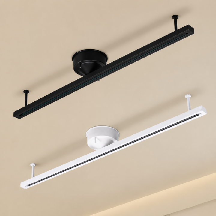 Rail lumineux suspendu rotatif pour spots et suspensions, design moderne intérieur.