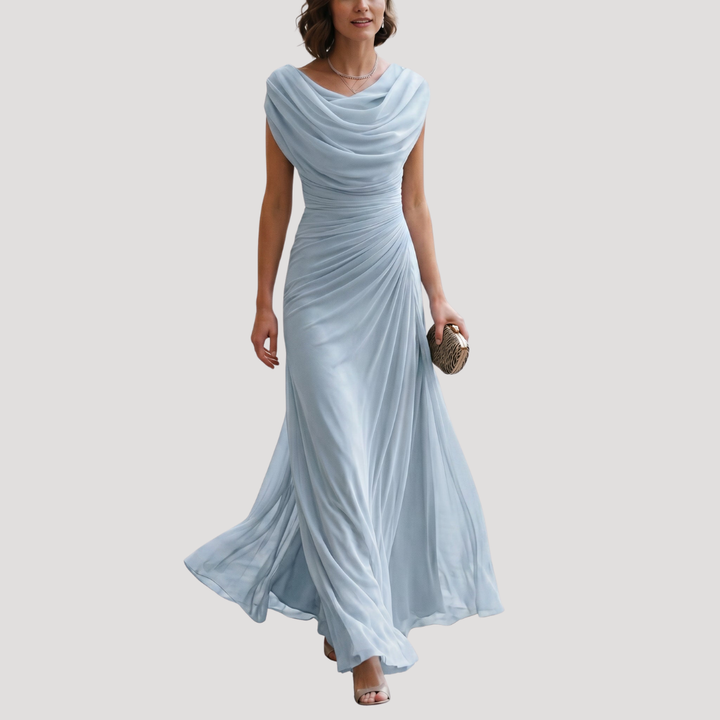 Tenue cérémonie femme : robe longue élégante, fluide et drapée, style chic pour occasion spéciale.