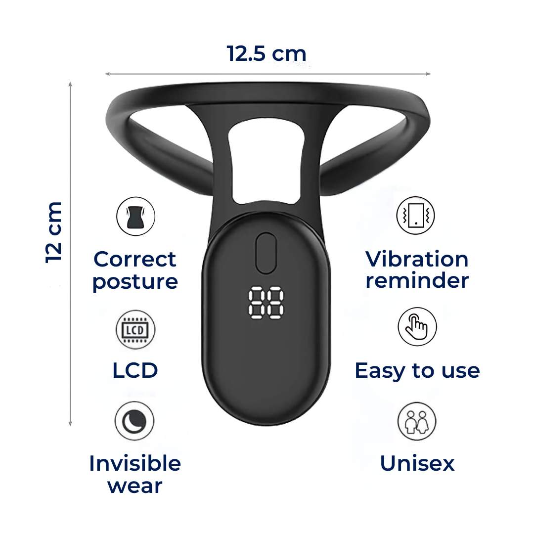 Vue détaillée du correcteur de posture intelligent, pour un alignement ergonomique du cou et du dos.