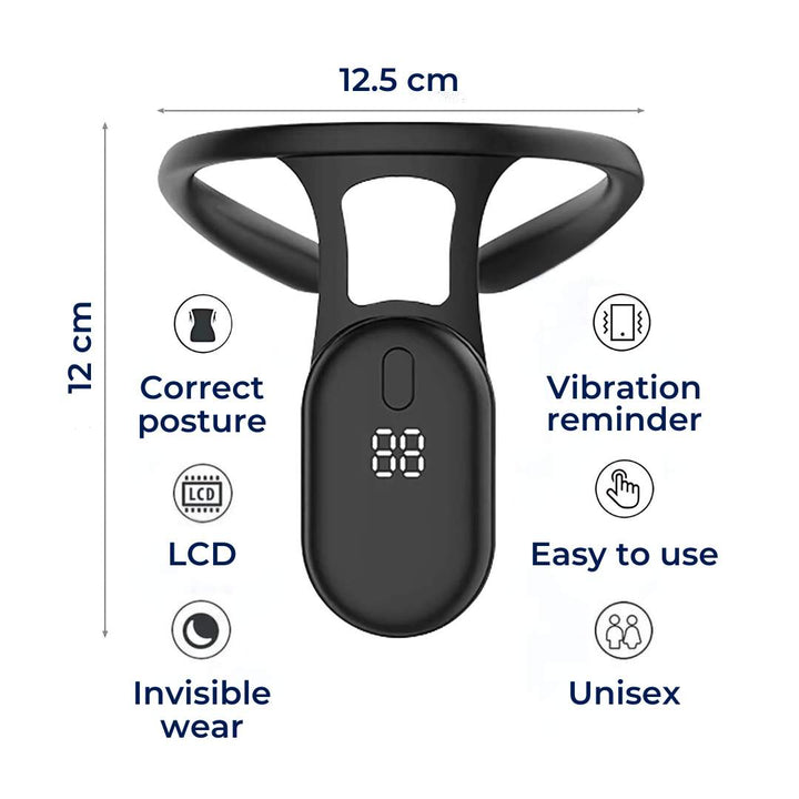 Vue détaillée du correcteur de posture intelligent, pour un alignement ergonomique du cou et du dos.