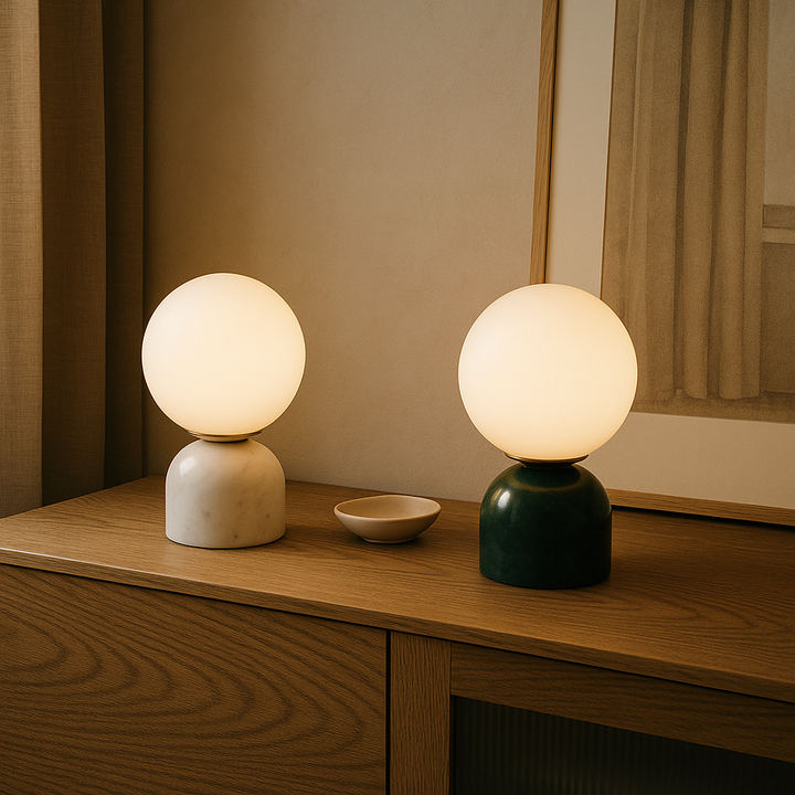 Lampe de table LED en verre, design scandinave moderne et minimaliste, éclairage intérieur élégant.