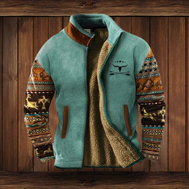 Homme portant une veste chaude style western à motifs ethniques en extérieur. Vêtement hiver confortable et tendance.