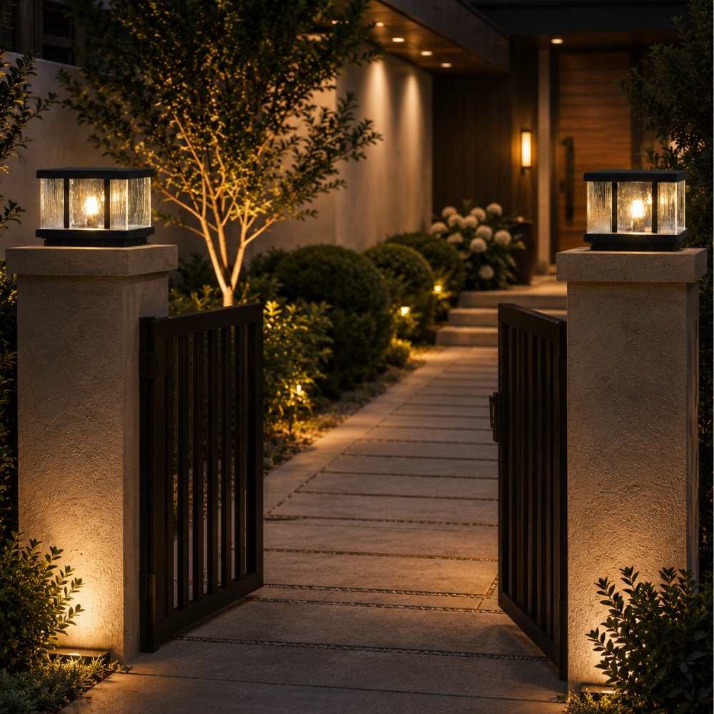 Lumière de pilier contemporaine, étanche IP65, idéale pour éclairer allée et jardin.