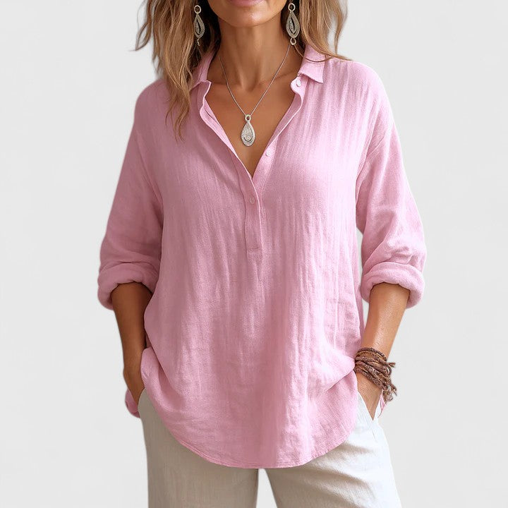 Blouse femme rose poudré, confortable et élégante. Idéale pour un look aéré décontracté au printemps et en été.