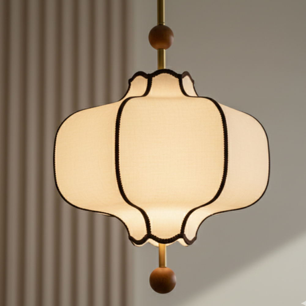 Suspension Lanora de style japandi. Bois de noyer et abat-jour tissu moderne.