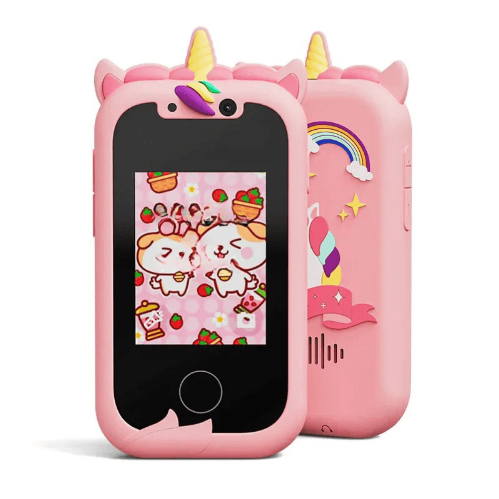 Téléphone jouet antichoc en silicone pour enfant, caméra intégrée, écran tactile. Idéal pour le développement.