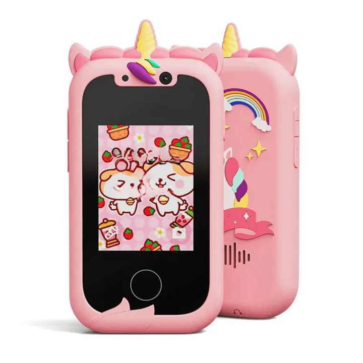 Téléphone jouet antichoc en silicone pour enfant, caméra intégrée, écran tactile. Idéal pour le développement.