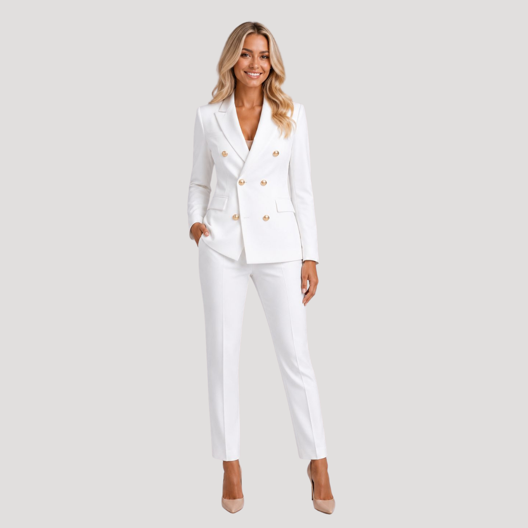 Blazer de tailleur femme croisé à double boutonnage, coupe élégante pour un style professionnel chic.