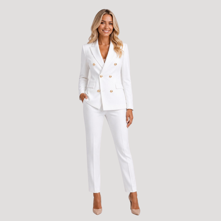Blazer de tailleur femme croisé à double boutonnage, coupe élégante pour un style professionnel chic.