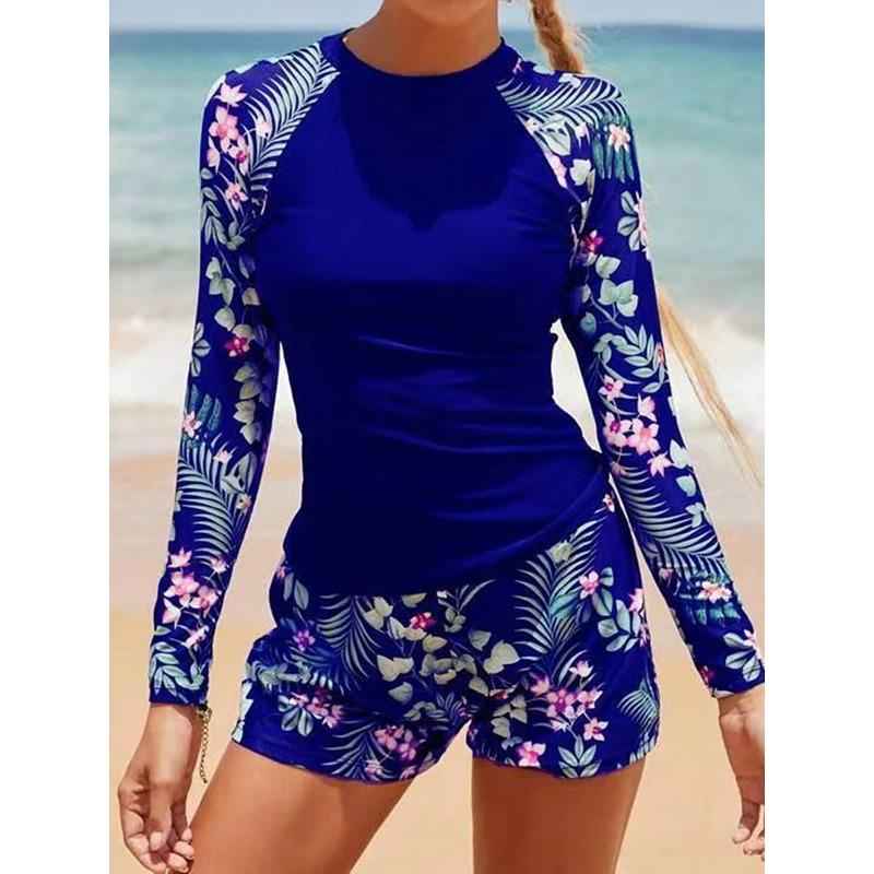 Maillot de bain femme deux pièces manches longues, protection solaire UV pour le surf et la plage.