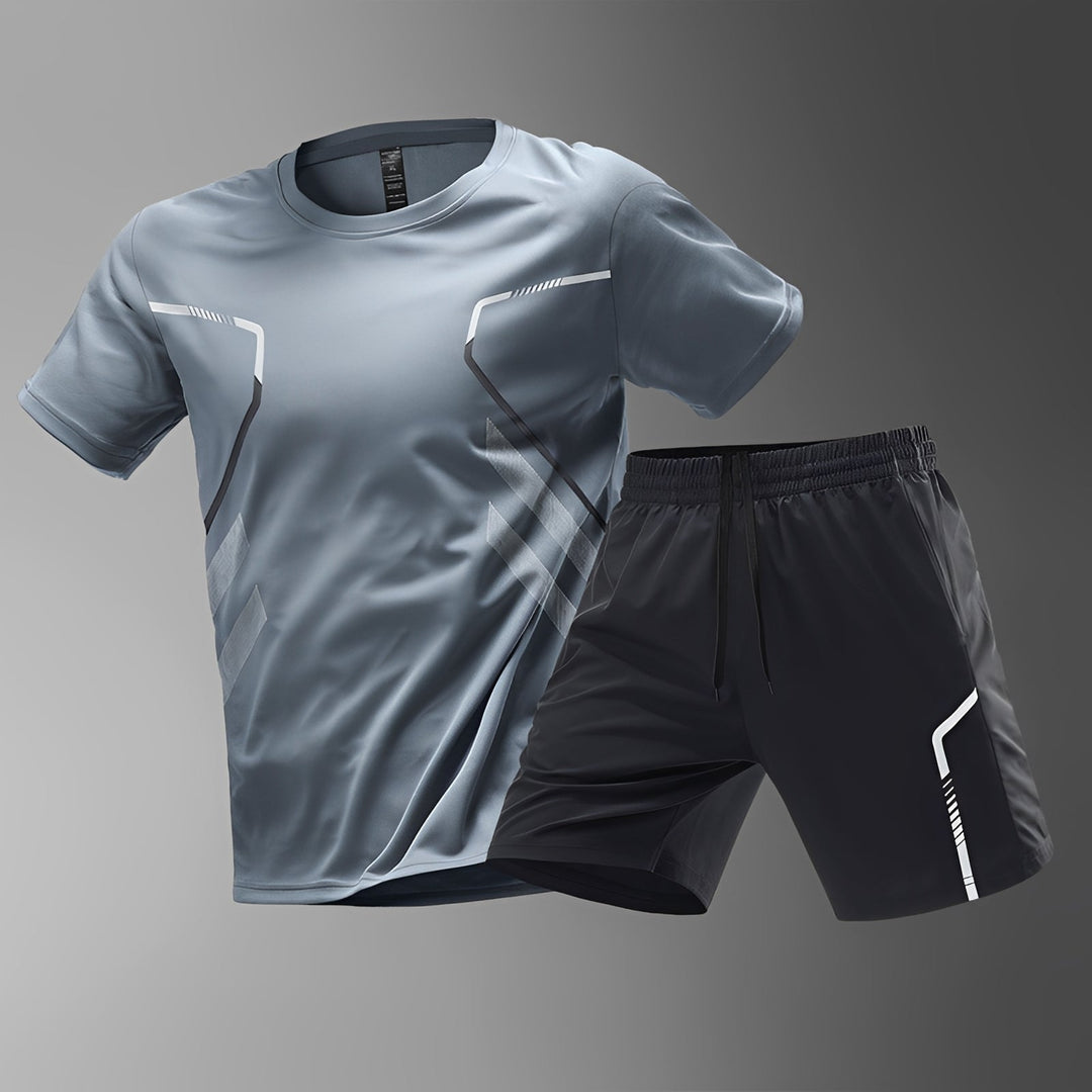 Vue arrière de l'ensemble de sport homme à séchage rapide. Design moderne assurant confort et liberté de mouvement pour l'entraînement.