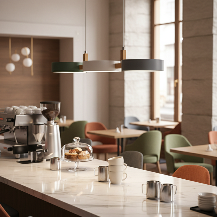 Éclairage LED multiple et réglable, suspension design pour cuisine, ambiance parfaite.