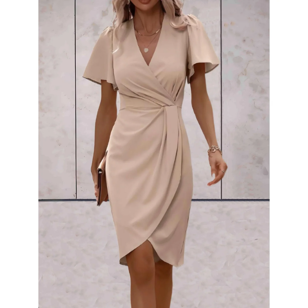 Robe portefeuille élégante femme, idéale soirées et cérémonies. Coupe midi, col V, manches longues.