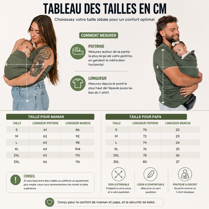 Portage facile et sûr avec ce t-shirt. Renforce le lien avec bébé, maintient au chaud.