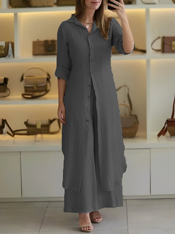 Tenue femme deux pièces moderne, chemisier long et pantalon. Style élégant & décontracté pour diverses occasions.