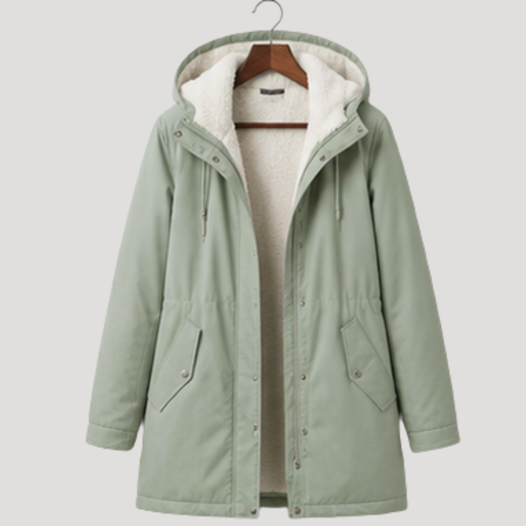Vue détaillée d'une parka femme longue à capuche. Veste hiver chaude, confortable et au style urbain.