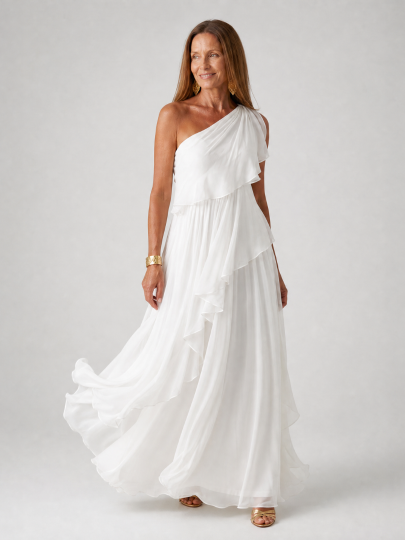 Robe de cérémonie femme élégante, maxi, asymétrique à volants, style habillé.
