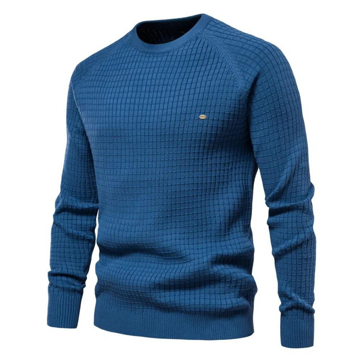 Pull homme élégant à col rond gris, coupe classique. Vêtement masculin essentiel pour un style intemporel.
