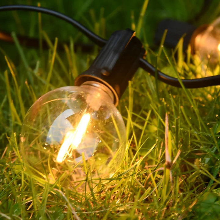 Guirlande lumineuse LED extérieure, étanche et résistante, pour une décoration de jardin festive et durable.