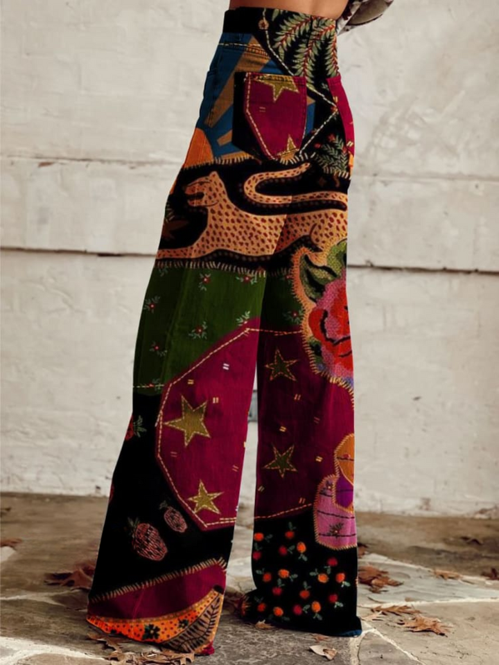 Pantalon large imprimé Olivia confortable pour femme, design fluide multicolore, parfait pour une mode chic.